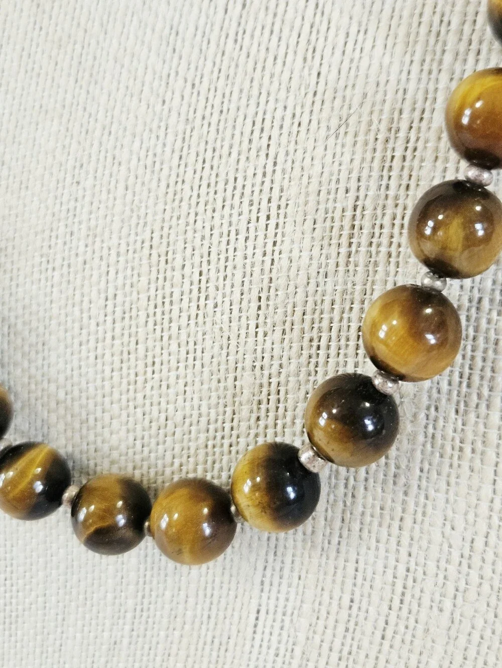 Vintage Tigers Eye Chatoyant Sterling Silver Clasp Long Round Beaded Necklace